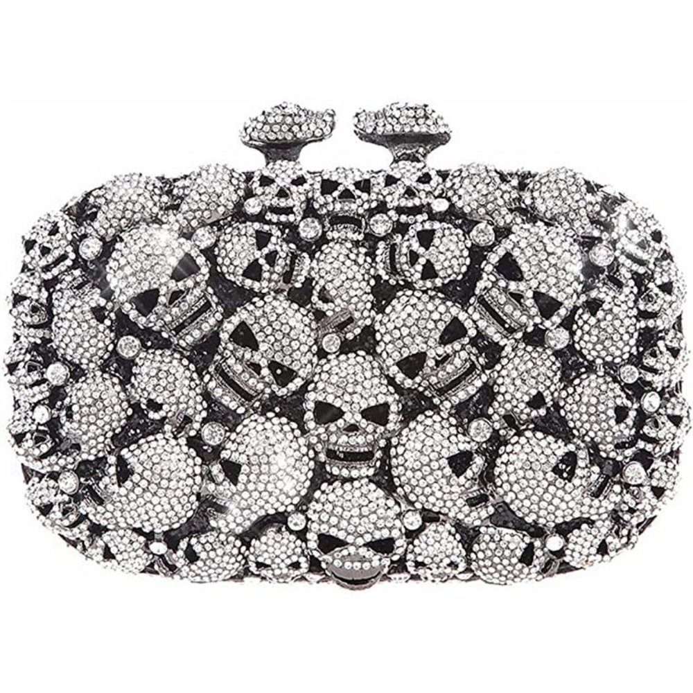NEW Sparkling Bling Crystal Rhinestone Skull Clutch Purse Silver Gold +F…